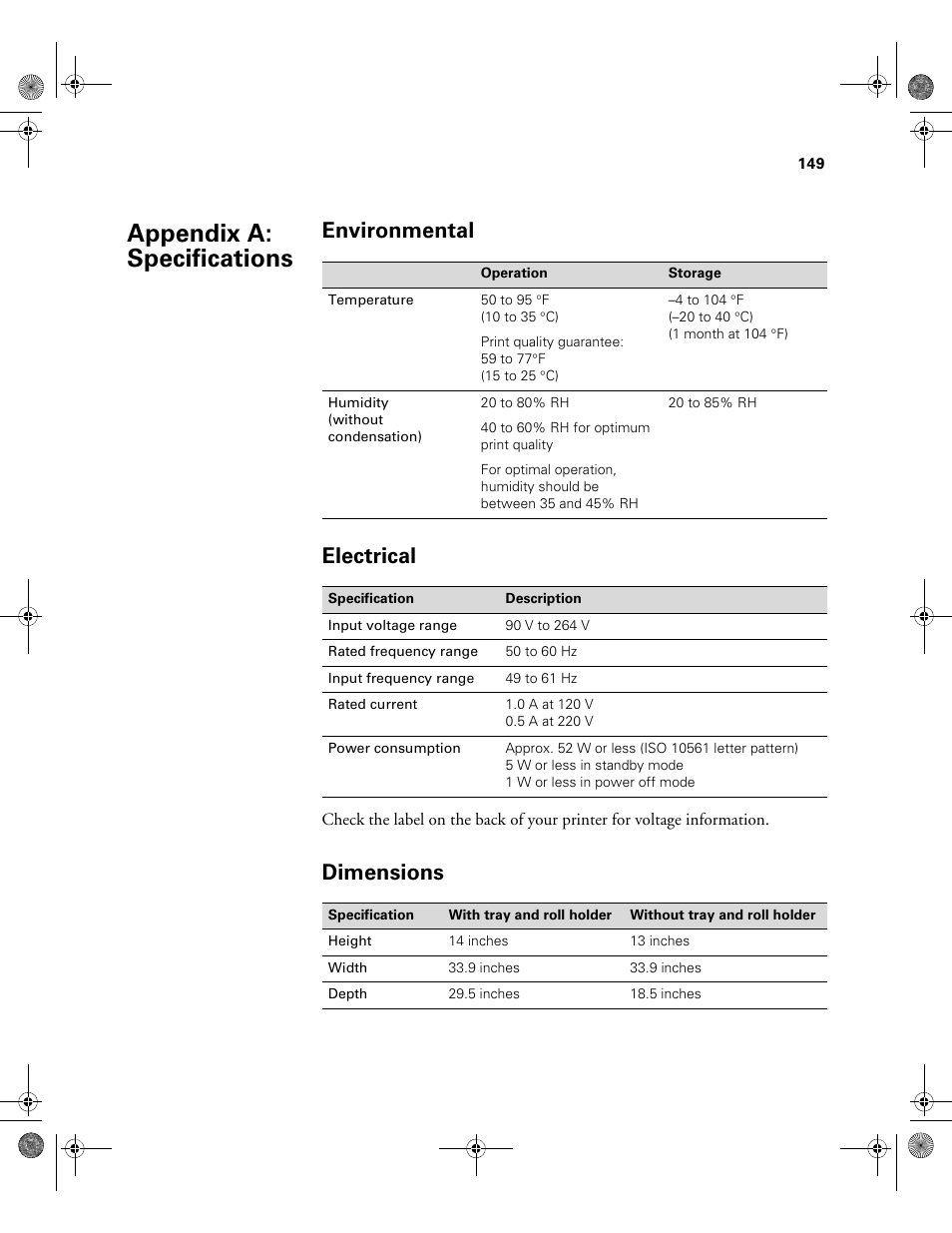 Environmental, Appendix a-specifications, Electrical | Dimensions, A specifications, Appendix a: specifications, Environmental electrical | Epson PRO 4800 User Manual | Page 149 / 160