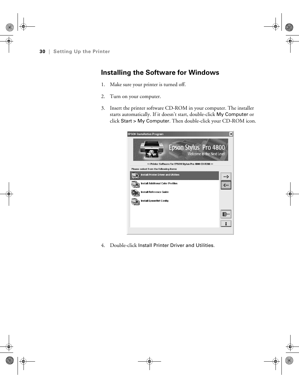 Installing the software for windows | Epson PRO 4800 User Manual | Page 30 / 160
