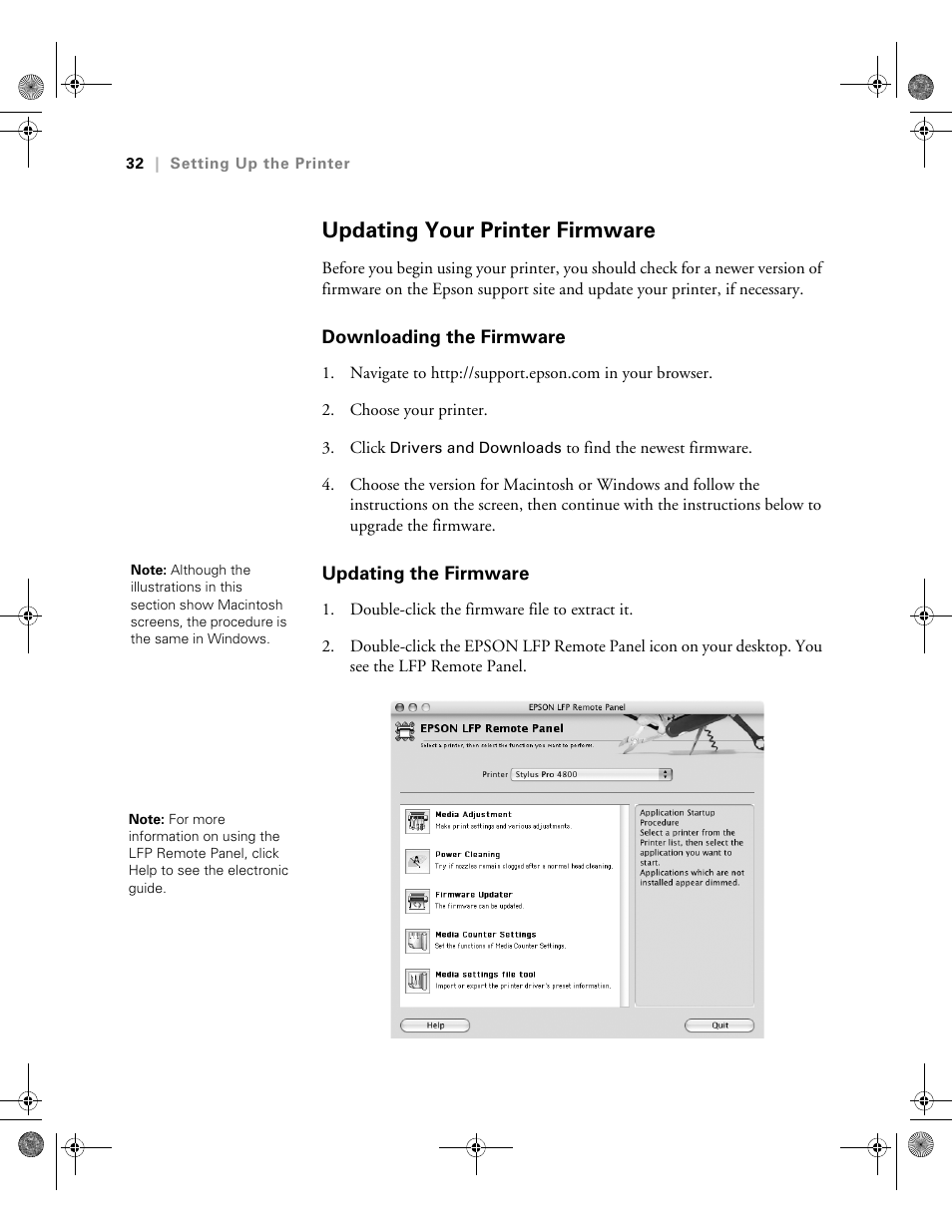 Updating your printer firmware, Downloading the firmware, Updating the firmware | Downloading the firmware updating the firmware | Epson PRO 4800 User Manual | Page 32 / 160