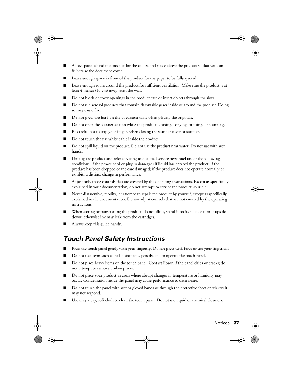 Touch panel safety instructions | Epson Artisan 837 User Manual | Page 37 / 44