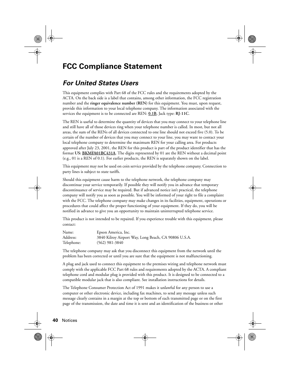 Fcc compliance statement, For united states users | Epson Artisan 837 User Manual | Page 40 / 44