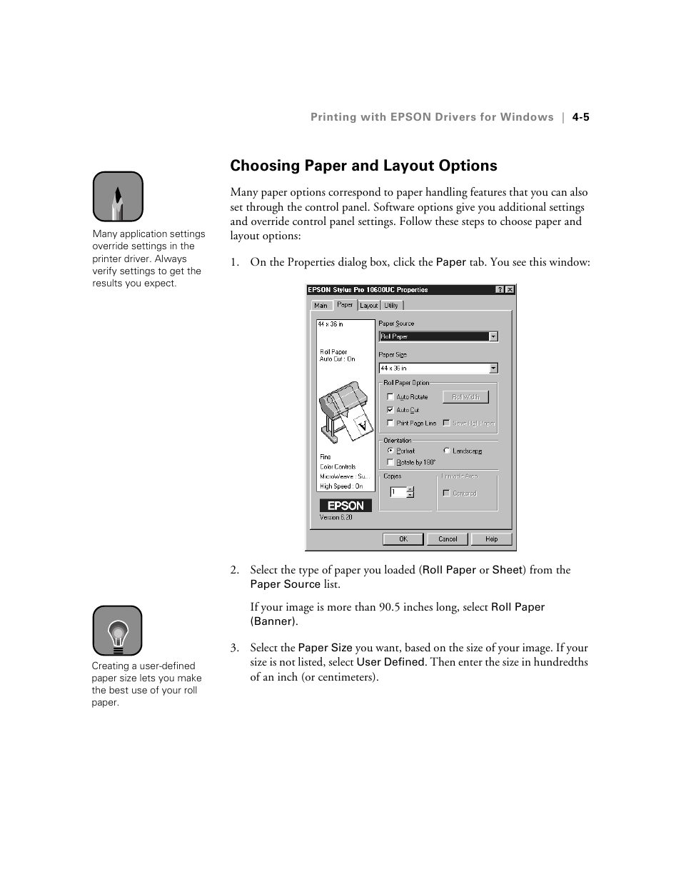 Choosing paper and layout options | Epson 10600 User Manual | Page 118 / 183