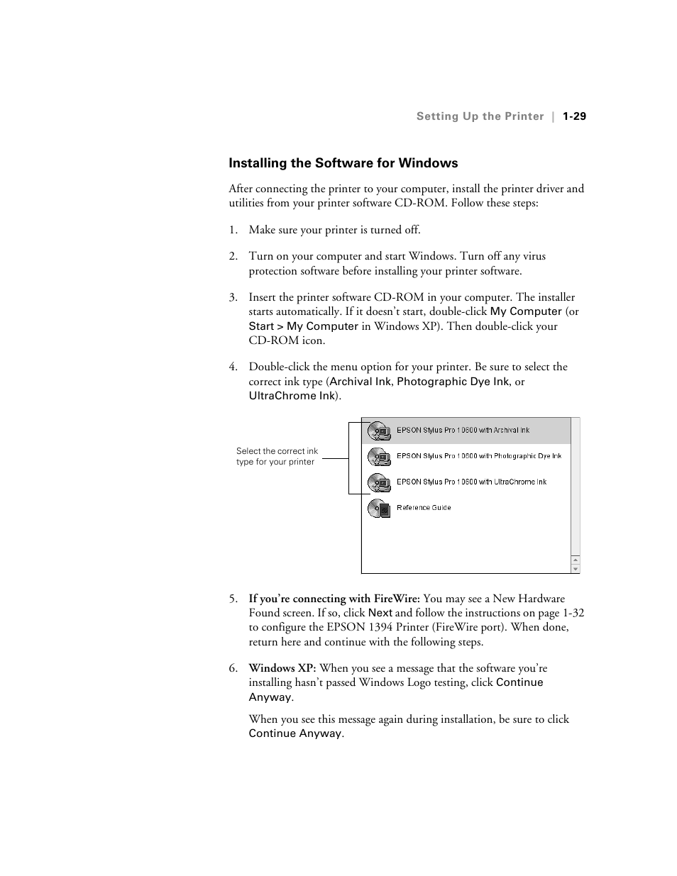 Installing the software for windows | Epson 10600 User Manual | Page 44 / 183