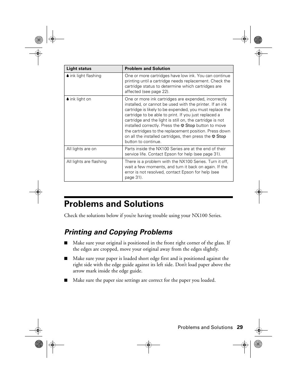 Problems and solutions, Printing and copying problems | Epson Stylus NX100 User Manual | Page 29 / 40