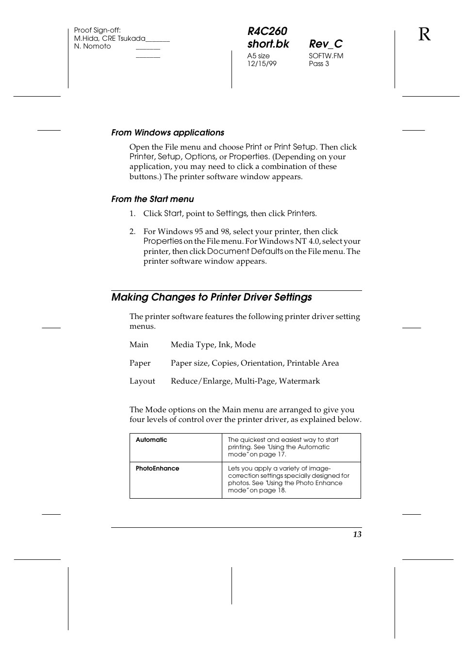 Making changes to printer driver settings, R4c260 short.bk rev_c | Epson 460 User Manual | Page 19 / 64