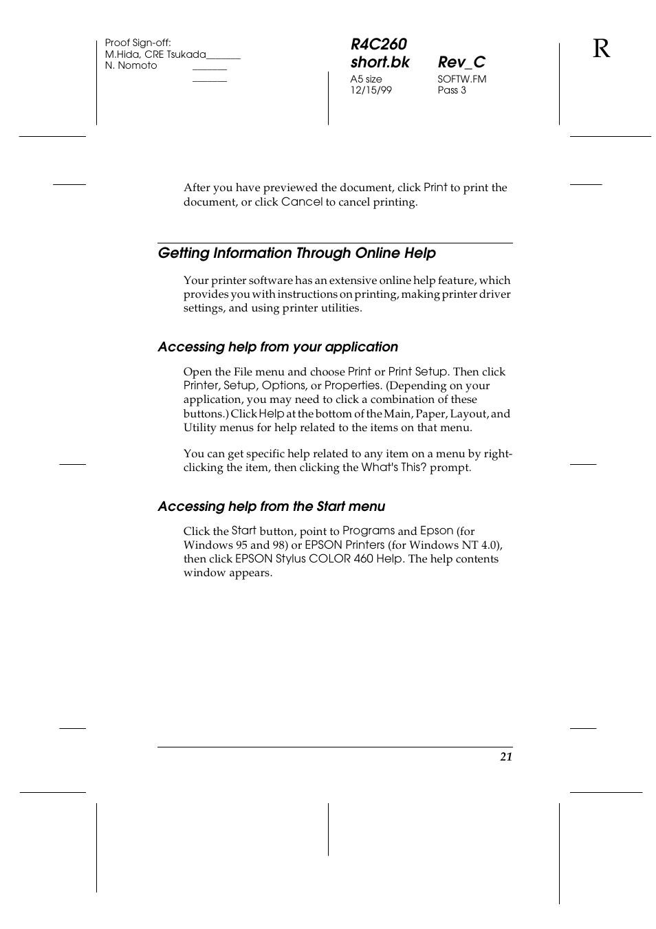 Getting information through online help, R4c260 short.bk rev_c | Epson 460 User Manual | Page 27 / 64
