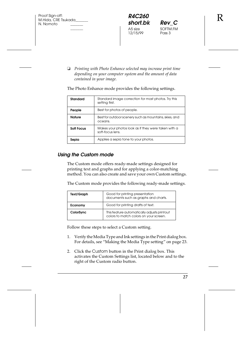 R4c260 short.bk rev_c, Using the custom mode | Epson 460 User Manual | Page 33 / 64