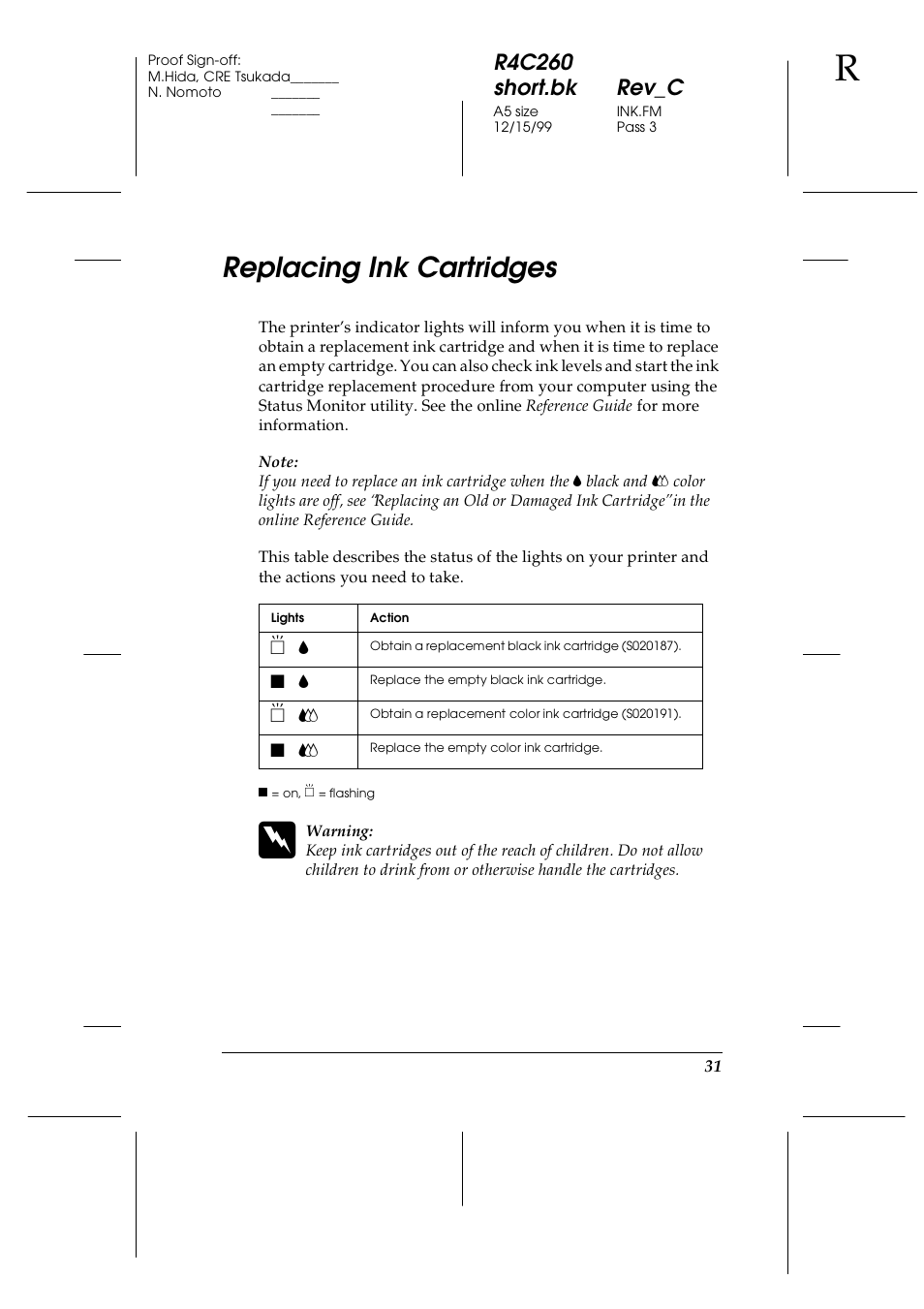 Replacing ink cartridges, R4c260 short.bk rev_c | Epson 460 User Manual | Page 37 / 64