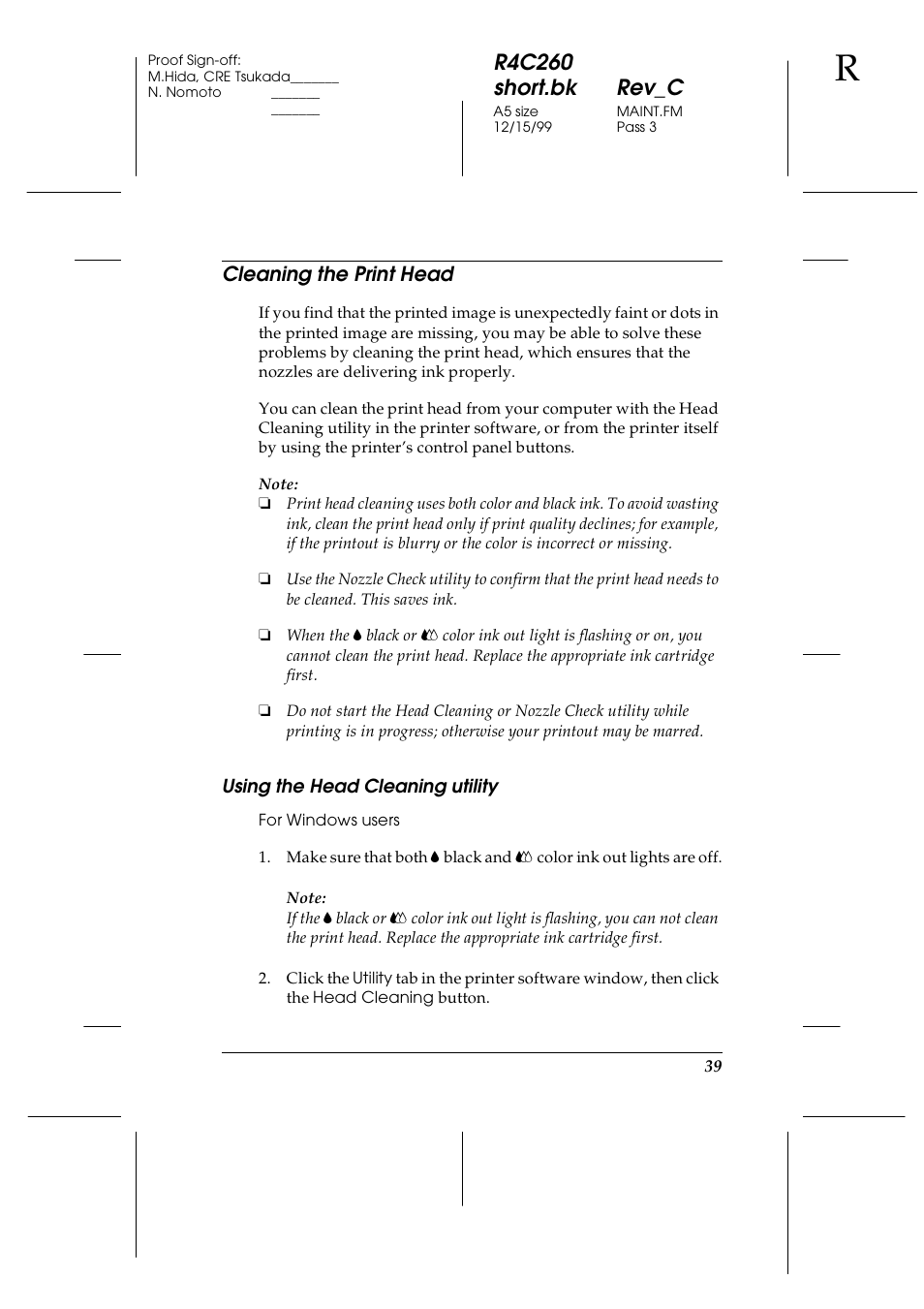Cleaining the print head, R4c260 short.bk rev_c, Cleaning the print head | Epson 460 User Manual | Page 45 / 64