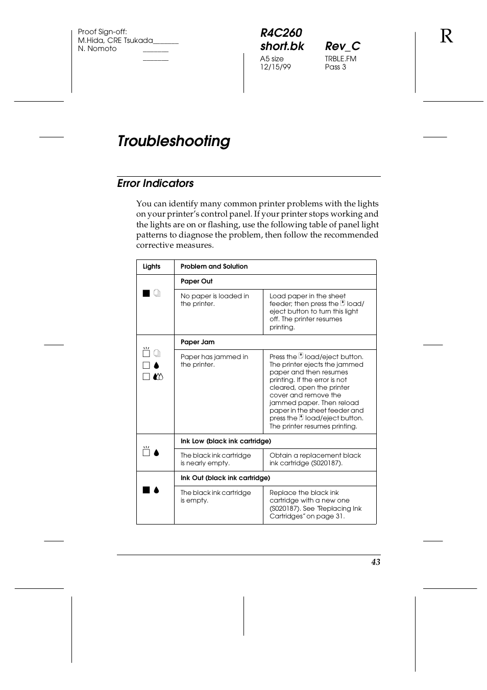 Troubleshooting, Error indicators, R4c260 short.bk rev_c | Epson 460 User Manual | Page 49 / 64