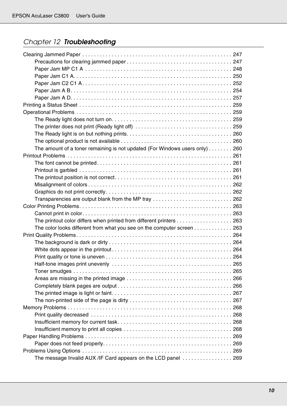 Chapter 12 troubleshooting | Epson ACULASER C3800 User Manual | Page 10 / 302