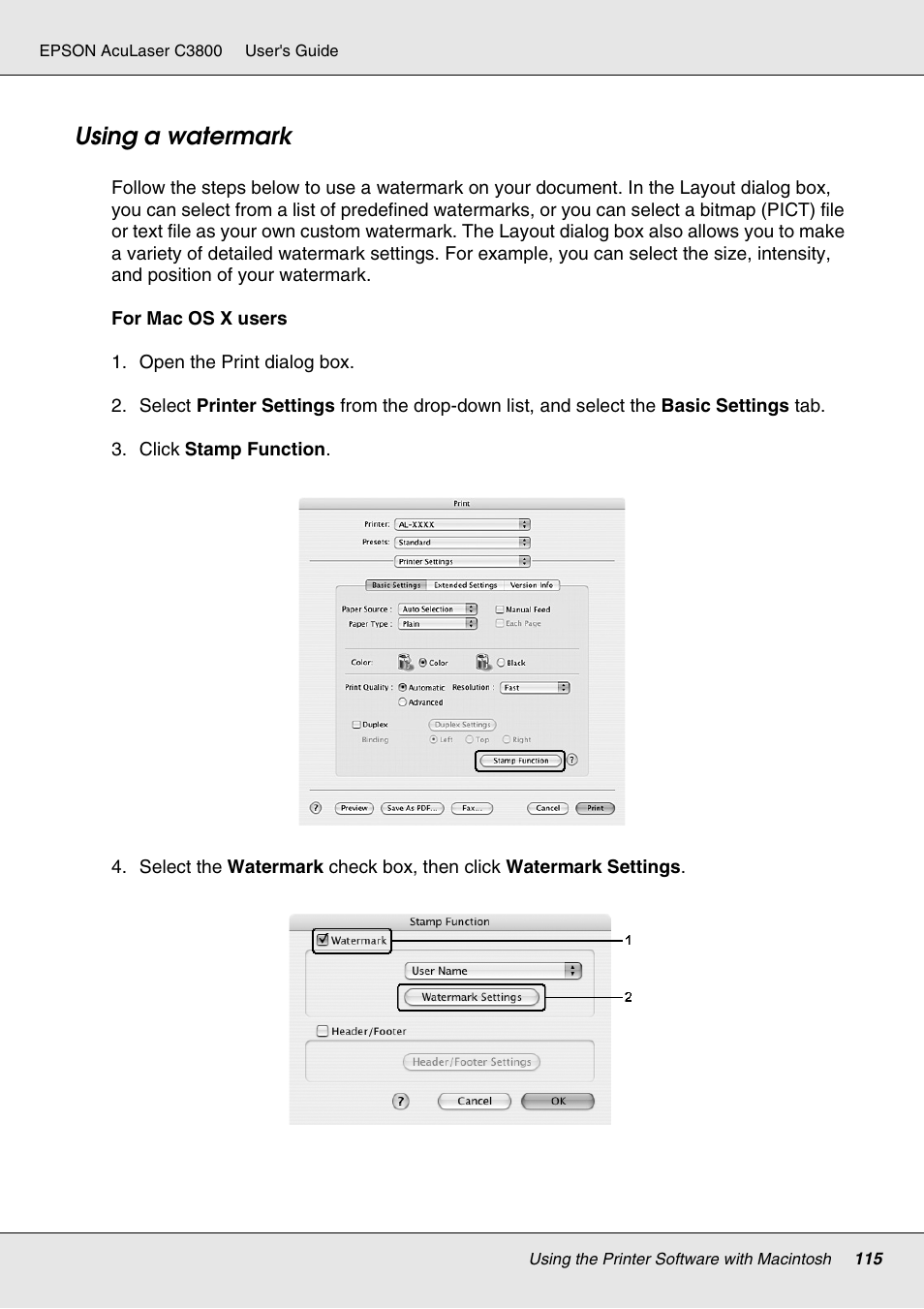 Using a watermark | Epson ACULASER C3800 User Manual | Page 115 / 302