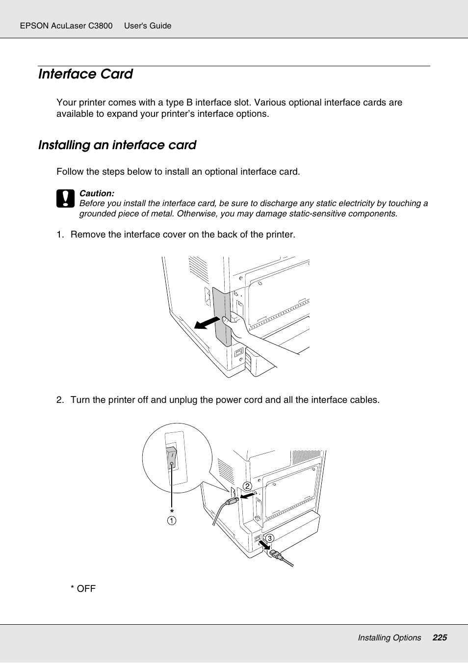 Interface card, Installing an interface card | Epson ACULASER C3800 User Manual | Page 225 / 302