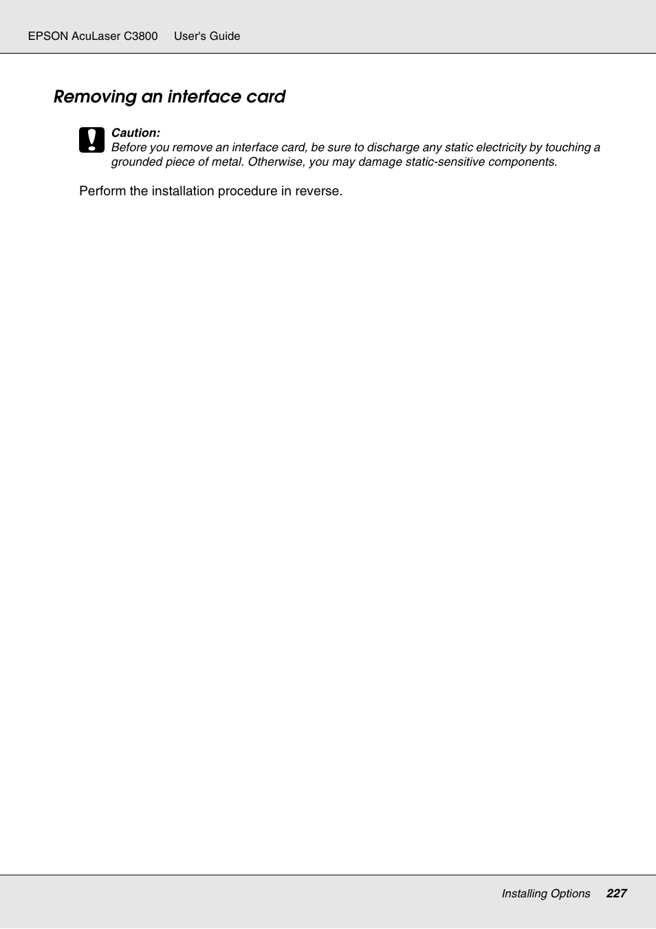 Removing an interface card | Epson ACULASER C3800 User Manual | Page 227 / 302