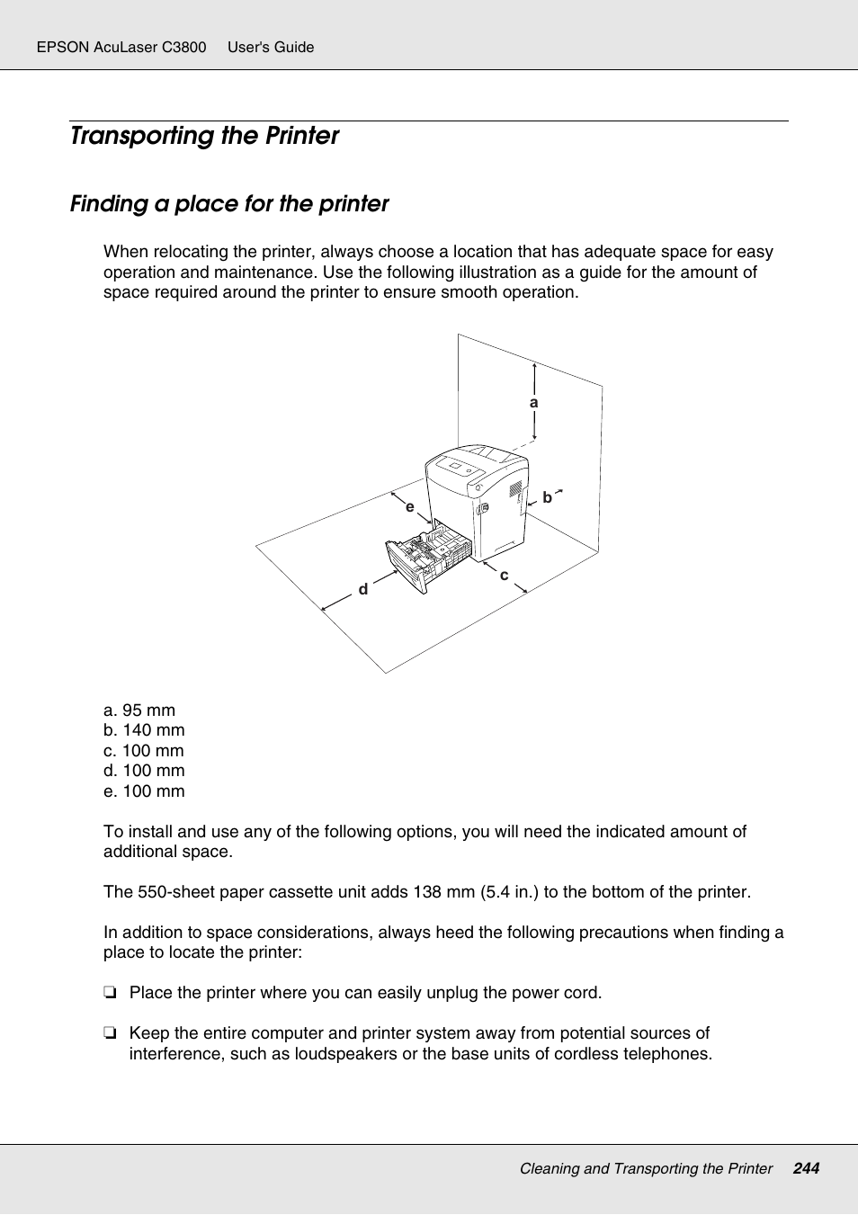 Transporting the printer, Finding a place for the printer | Epson ACULASER C3800 User Manual | Page 244 / 302