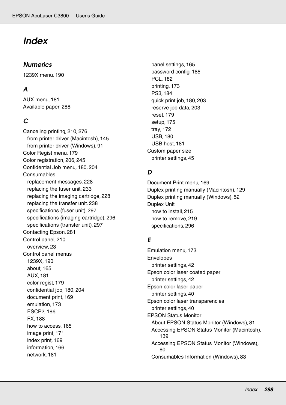 Index, Numerics | Epson ACULASER C3800 User Manual | Page 298 / 302