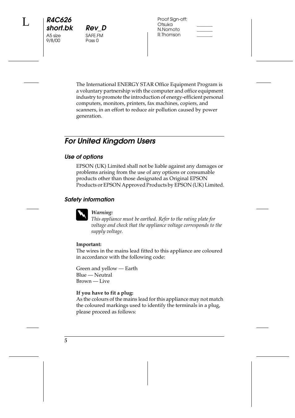 For united kingdom users, Use of options, Safety information | Epson 880 User Manual | Page 10 / 74