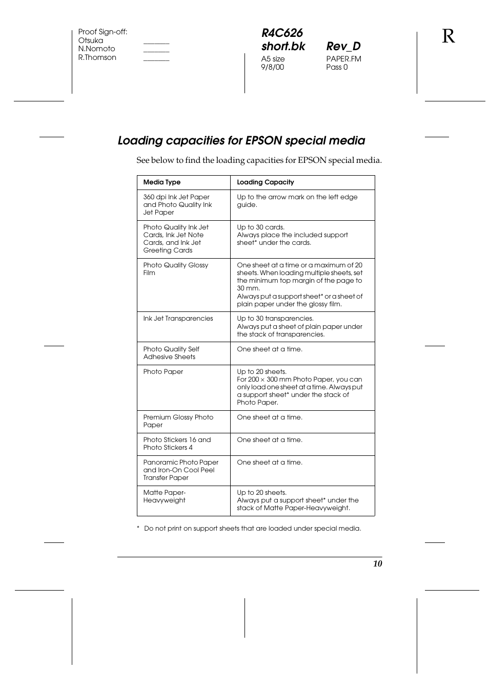 Loading capacities for epson special media, R4c626 short.bk rev_d | Epson 880 User Manual | Page 15 / 74