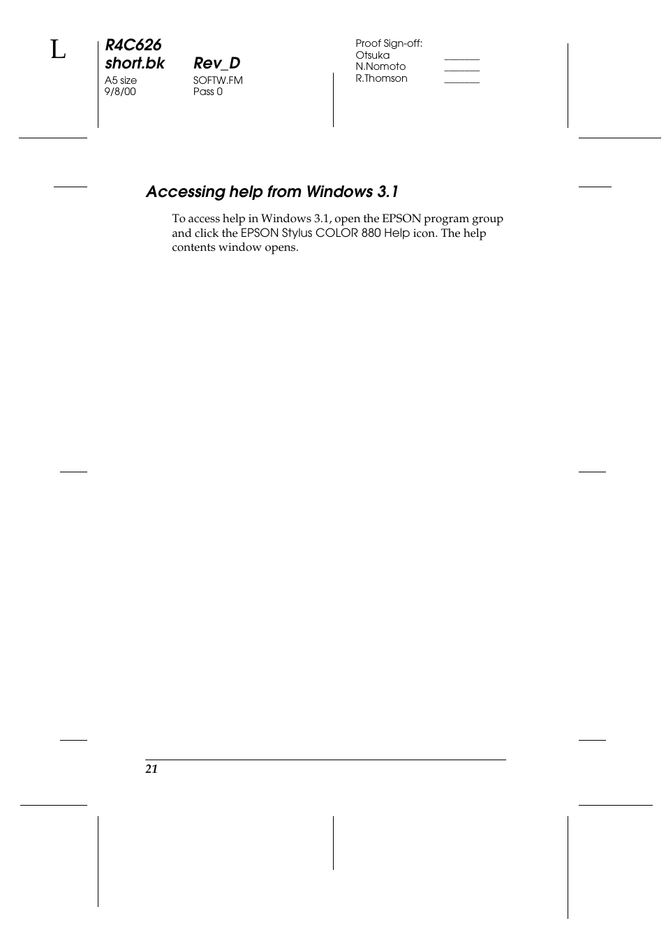 Accessing help from windows3.1, R4c626 short.bk rev_d, Accessing help from windows 3.1 | Epson 880 User Manual | Page 26 / 74