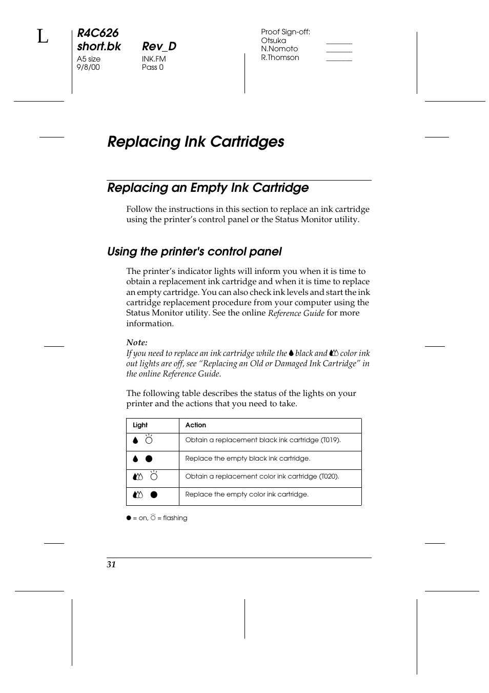 Replacing ink cartridges, Replacing an empty ink cartridge, Using the printer's control panel | R4c626 short.bk rev_d | Epson 880 User Manual | Page 36 / 74