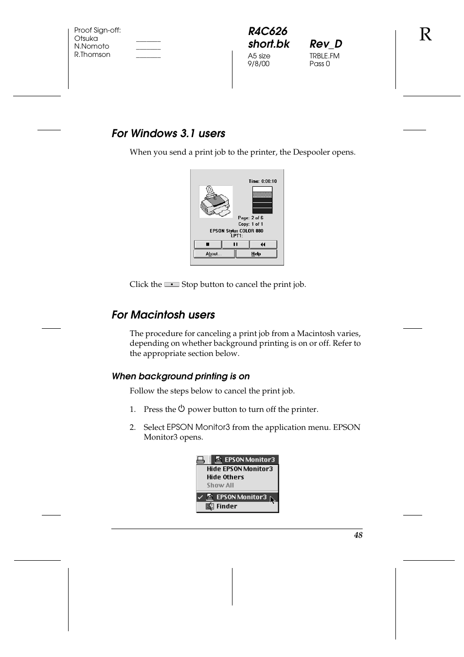 For windows3.1 users, For macintosh users, When background printing is on | R4c626 short.bk rev_d, For windows 3.1 users | Epson 880 User Manual | Page 53 / 74