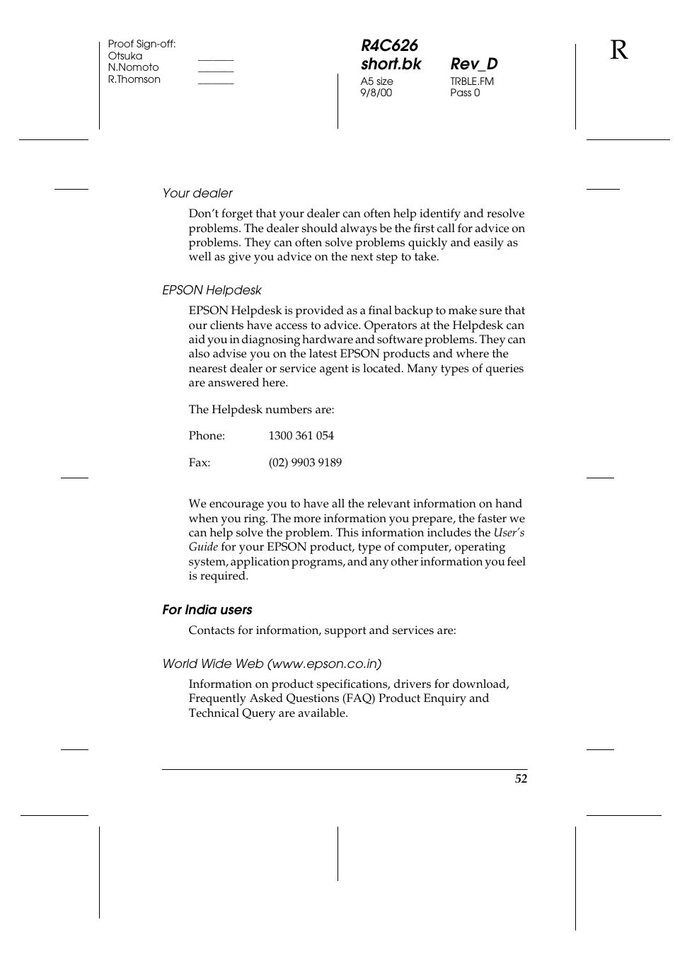 Your dealer, Epson helpdesk, For india users | World wide web (www.epson.co.in), R4c626 short.bk rev_d | Epson 880 User Manual | Page 57 / 74