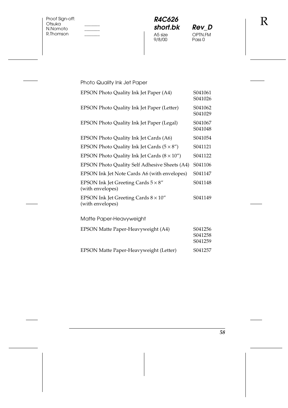 Photo quality ink jet paper, Matte paper-heavyweight, R4c626 short.bk rev_d | Epson 880 User Manual | Page 63 / 74