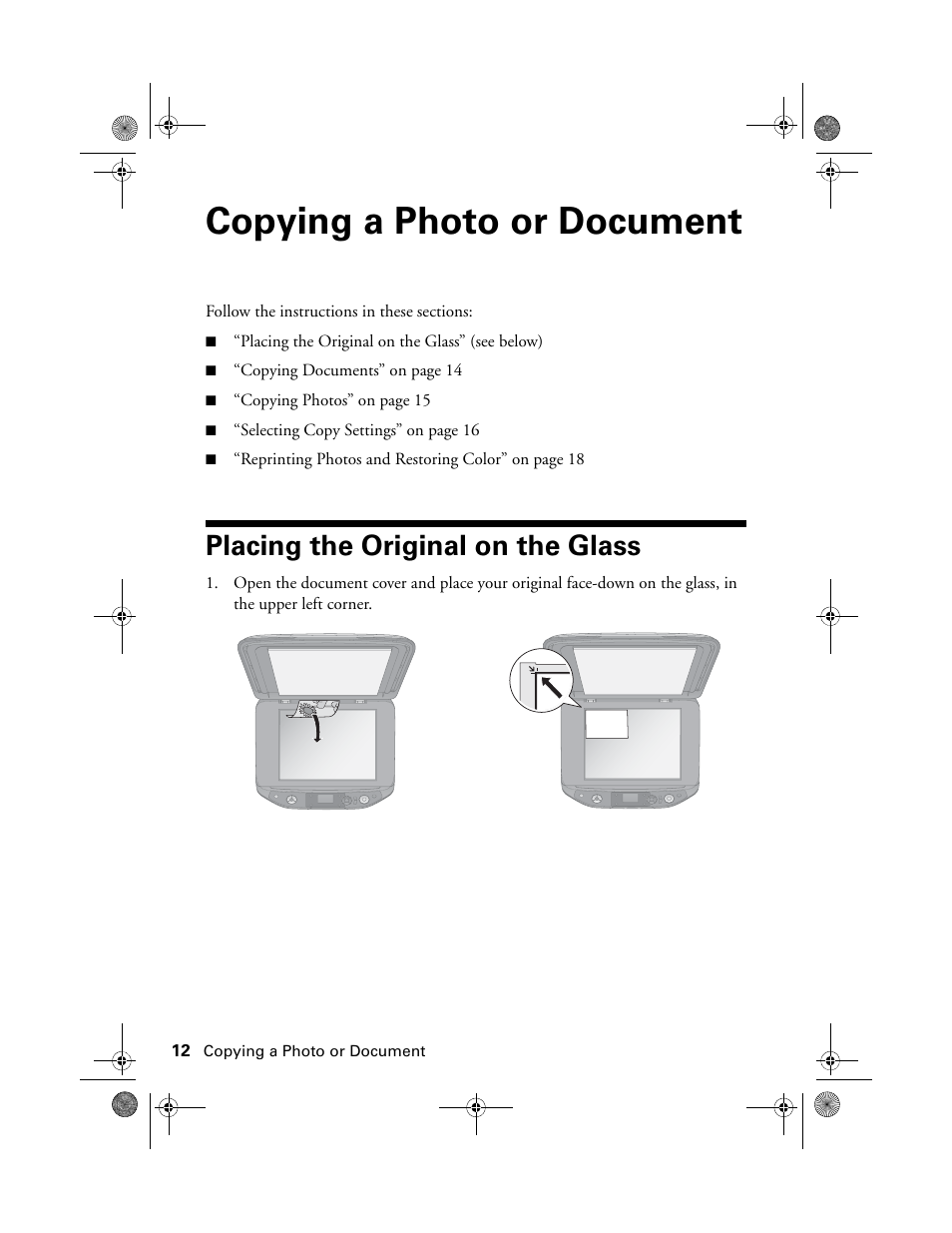 Copying a photo or document, Placing the original on the glass | Epson RX580 User Manual | Page 12 / 95