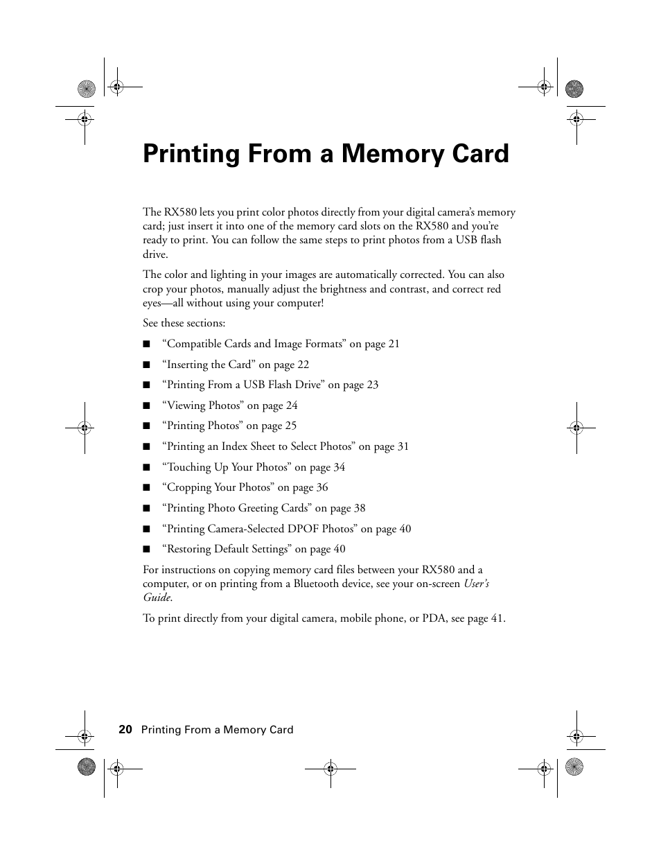 Printing from a memory card | Epson RX580 User Manual | Page 20 / 95