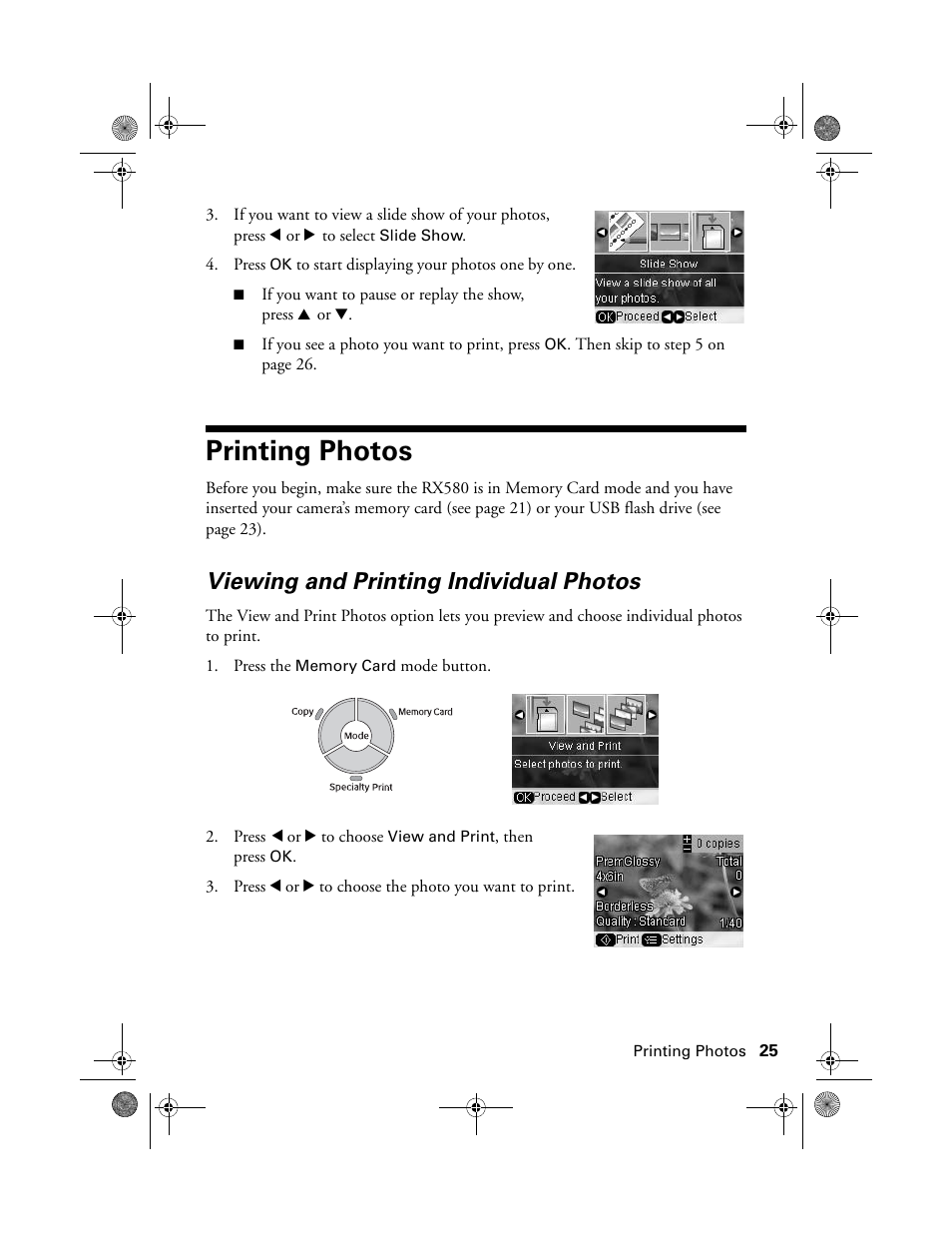 Printing photos, Viewing and printing individual photos | Epson RX580 User Manual | Page 25 / 95