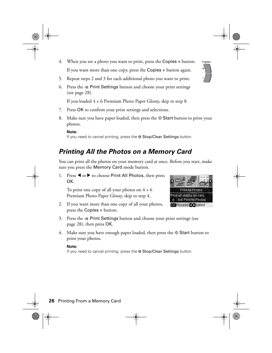 Printing all the photos on a memory card | Epson RX580 User Manual | Page 26 / 95