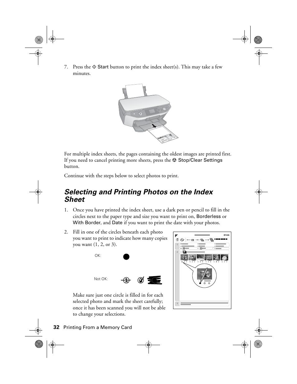 Selecting and printing photos on the index sheet | Epson RX580 User Manual | Page 32 / 95