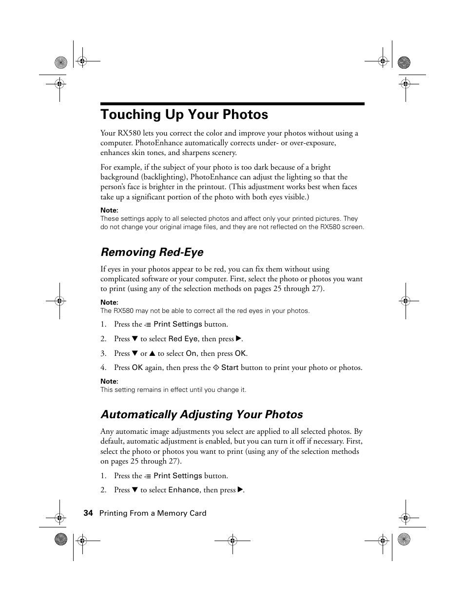 Touching up your photos, Removing red-eye, Automatically adjusting your photos | Epson RX580 User Manual | Page 34 / 95