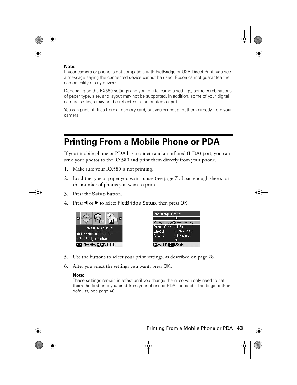 Printing from a mobile phone or pda | Epson RX580 User Manual | Page 43 / 95