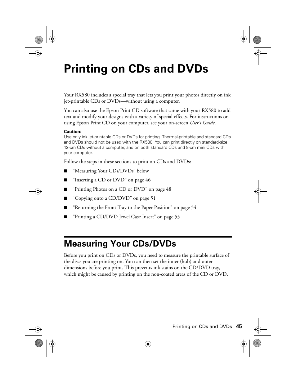 Printing on cds and dvds, Measuring your cds/dvds | Epson RX580 User Manual | Page 45 / 95