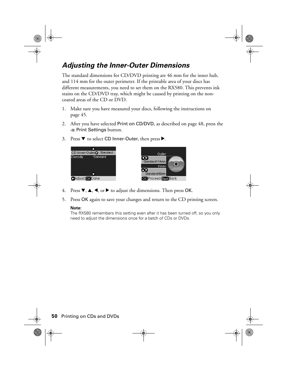 Adjusting the inner-outer dimensions | Epson RX580 User Manual | Page 50 / 95