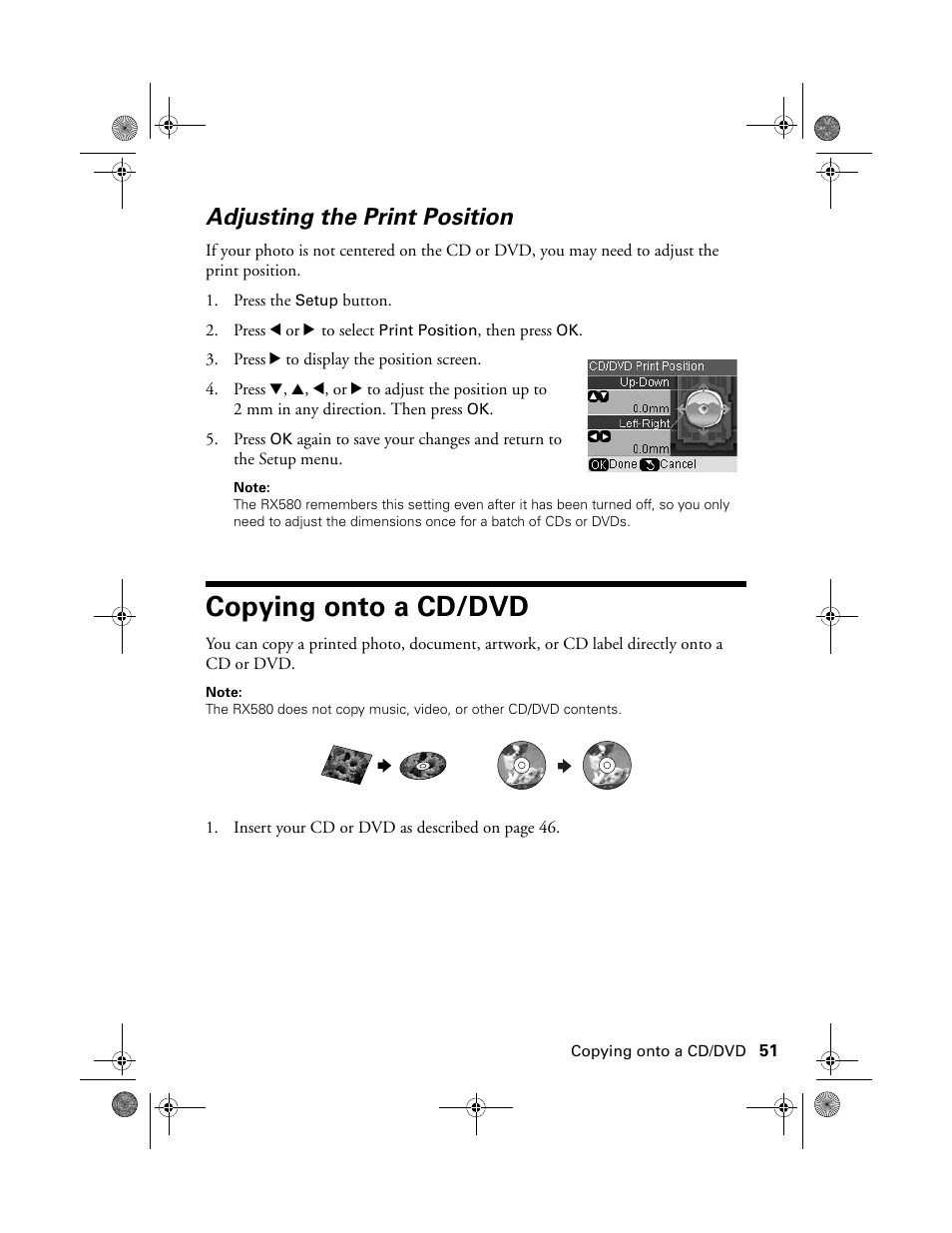 Adjusting the print position, Copying onto a cd/dvd | Epson RX580 User Manual | Page 51 / 95