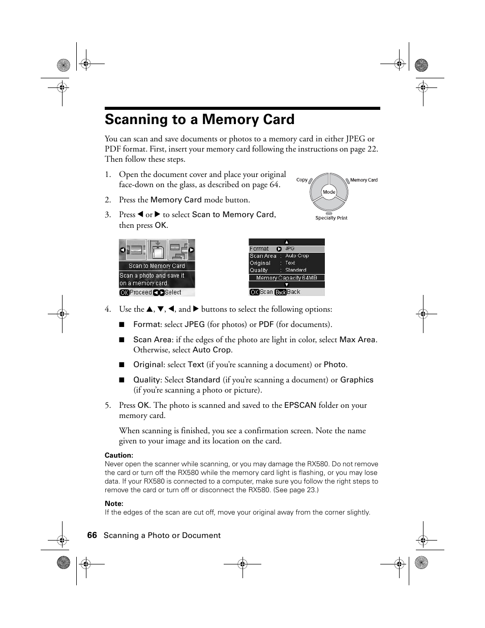 Scanning to a memory card | Epson RX580 User Manual | Page 66 / 95