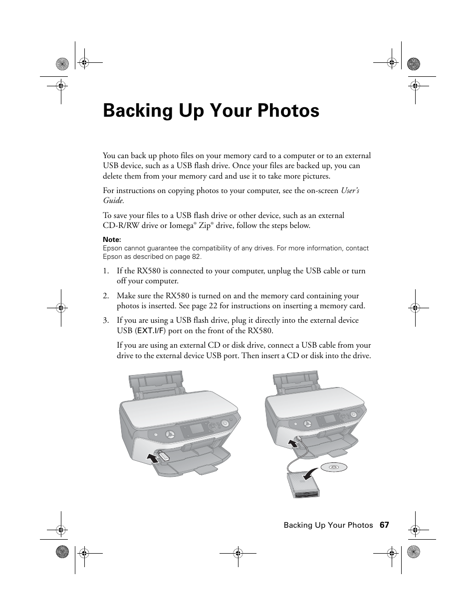 Backing up your photos | Epson RX580 User Manual | Page 67 / 95