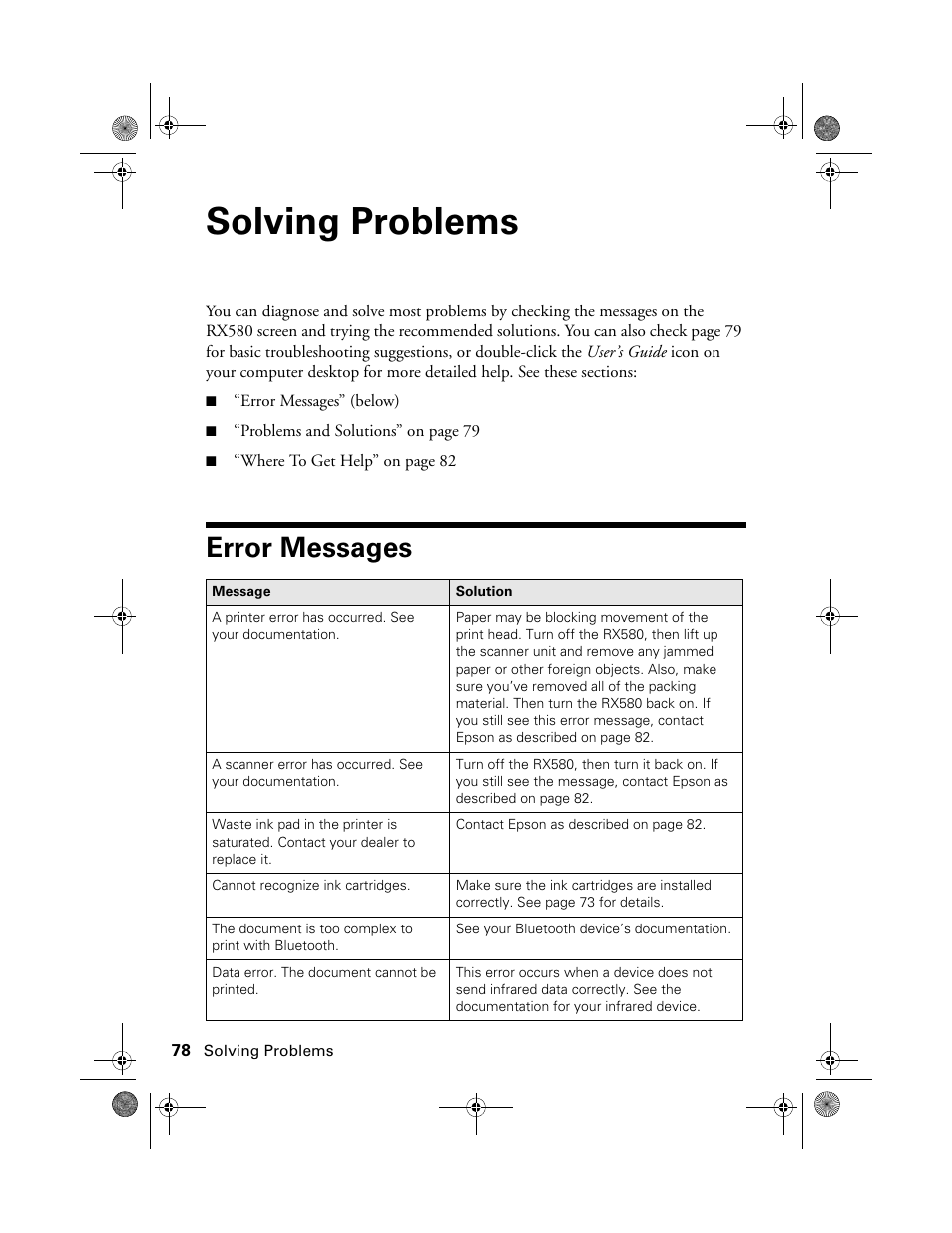 Solving problems, Error messages | Epson RX580 User Manual | Page 78 / 95