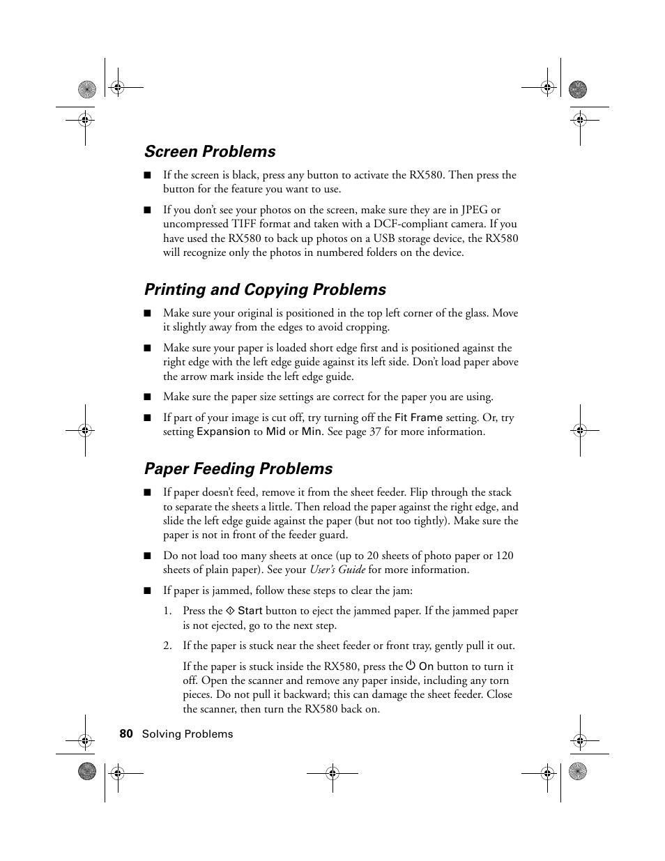 Screen problems, Printing and copying problems, Paper feeding problems | Epson RX580 User Manual | Page 80 / 95