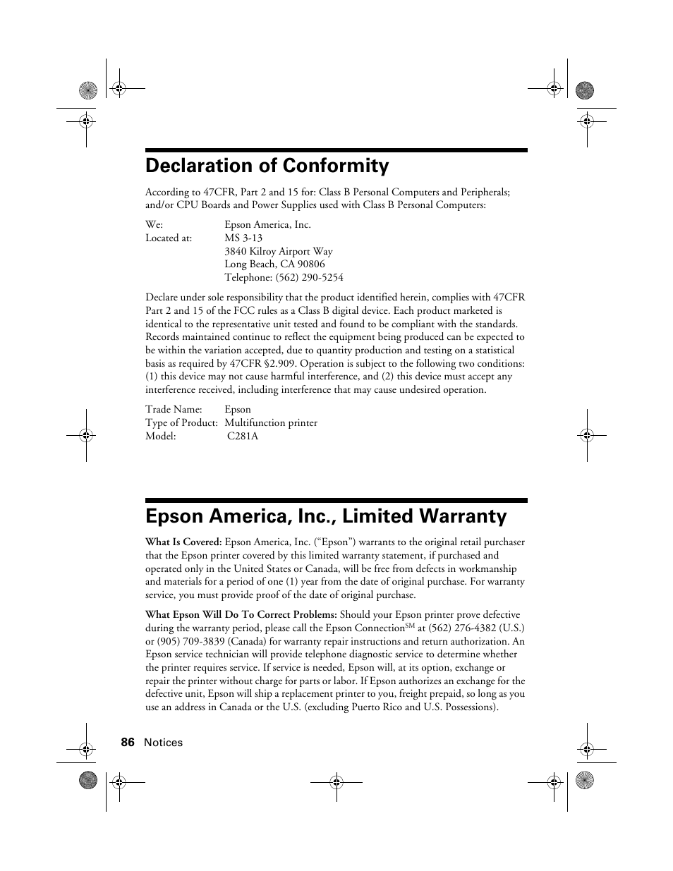 Declaration of conformity, Epson america, inc., limited warranty | Epson RX580 User Manual | Page 86 / 95
