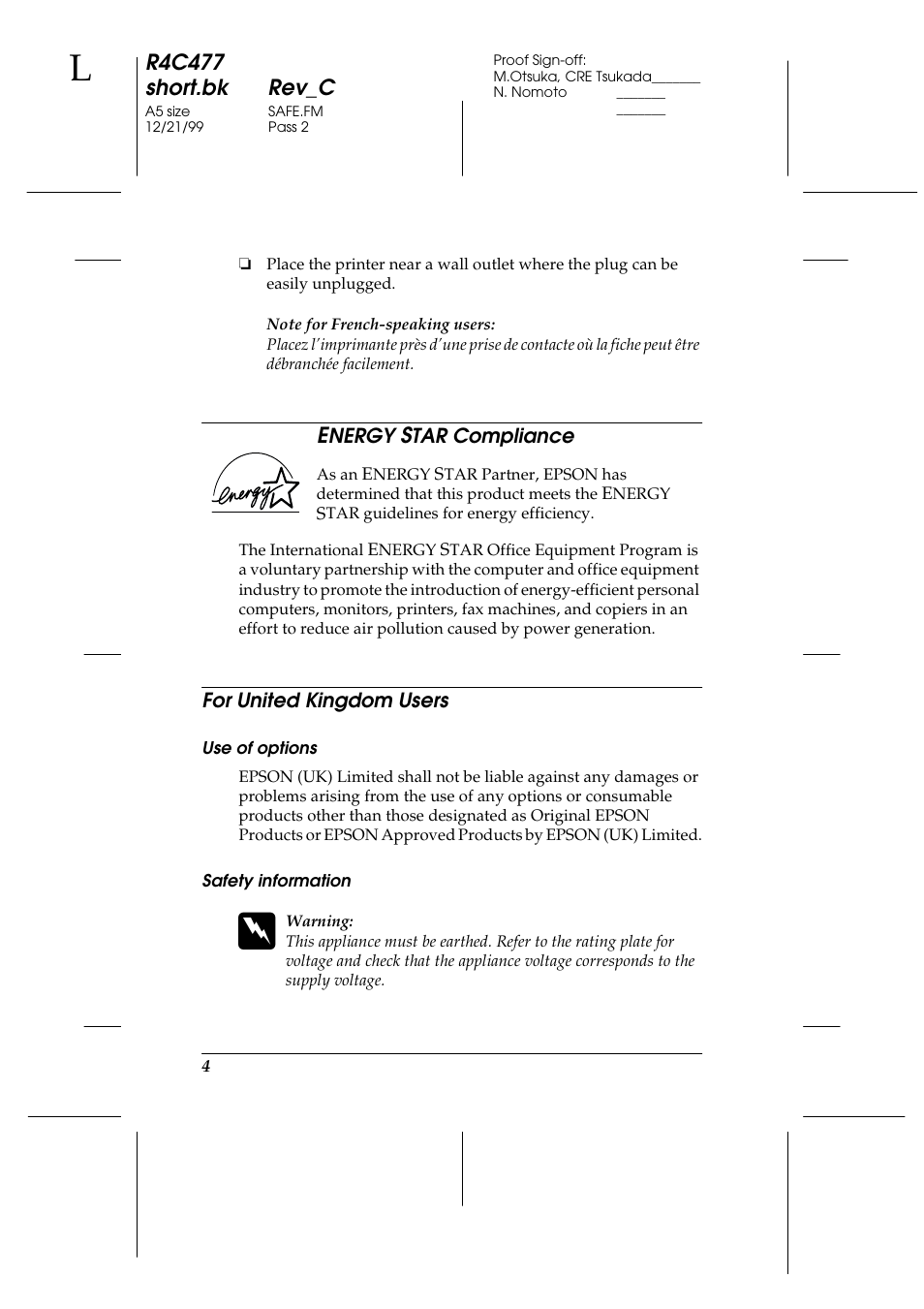Energy star compliance, For united kingdom users, Energy star compliance for united kingdom users | R4c477 short.bk rev_c | Epson 860 User Manual | Page 11 / 75