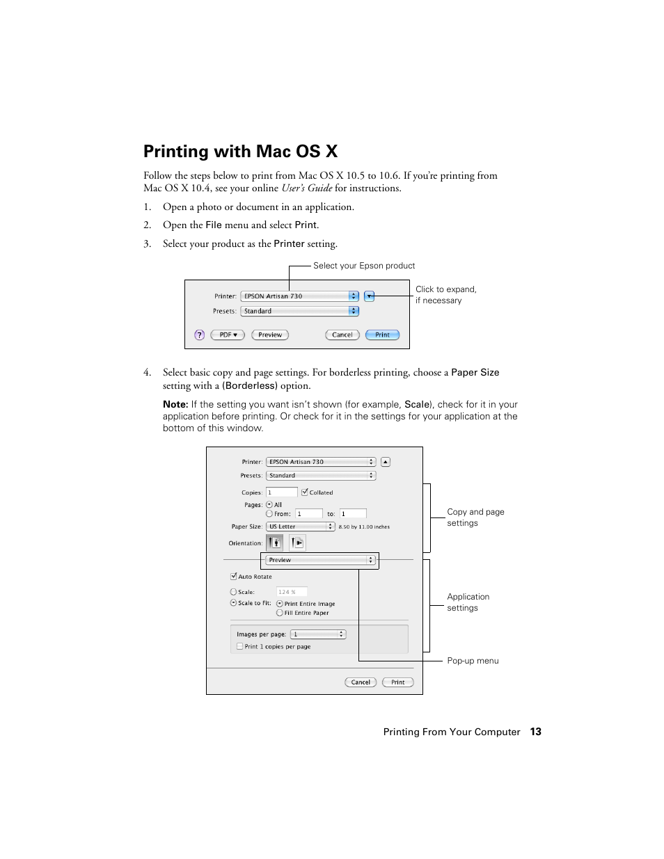 Printing with mac os x | Epson Artisan 730 User Manual | Page 13 / 36