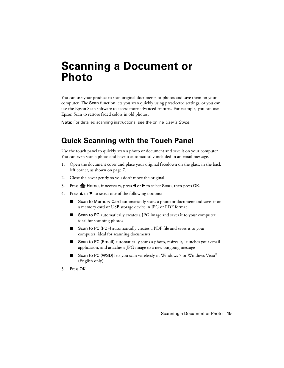 Scanning a document or photo, Quick scanning with the touch panel | Epson Artisan 730 User Manual | Page 15 / 36