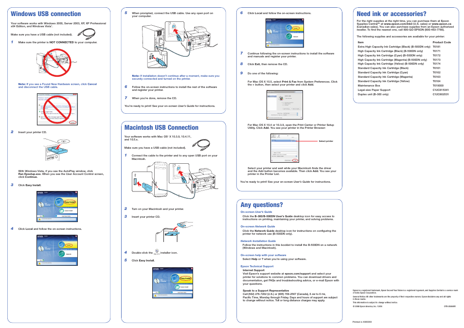 Windows usb connection, Any questions, Need ink or accessories | Macintosh usb connection | Epson B-300 User Manual | Page 5 / 8