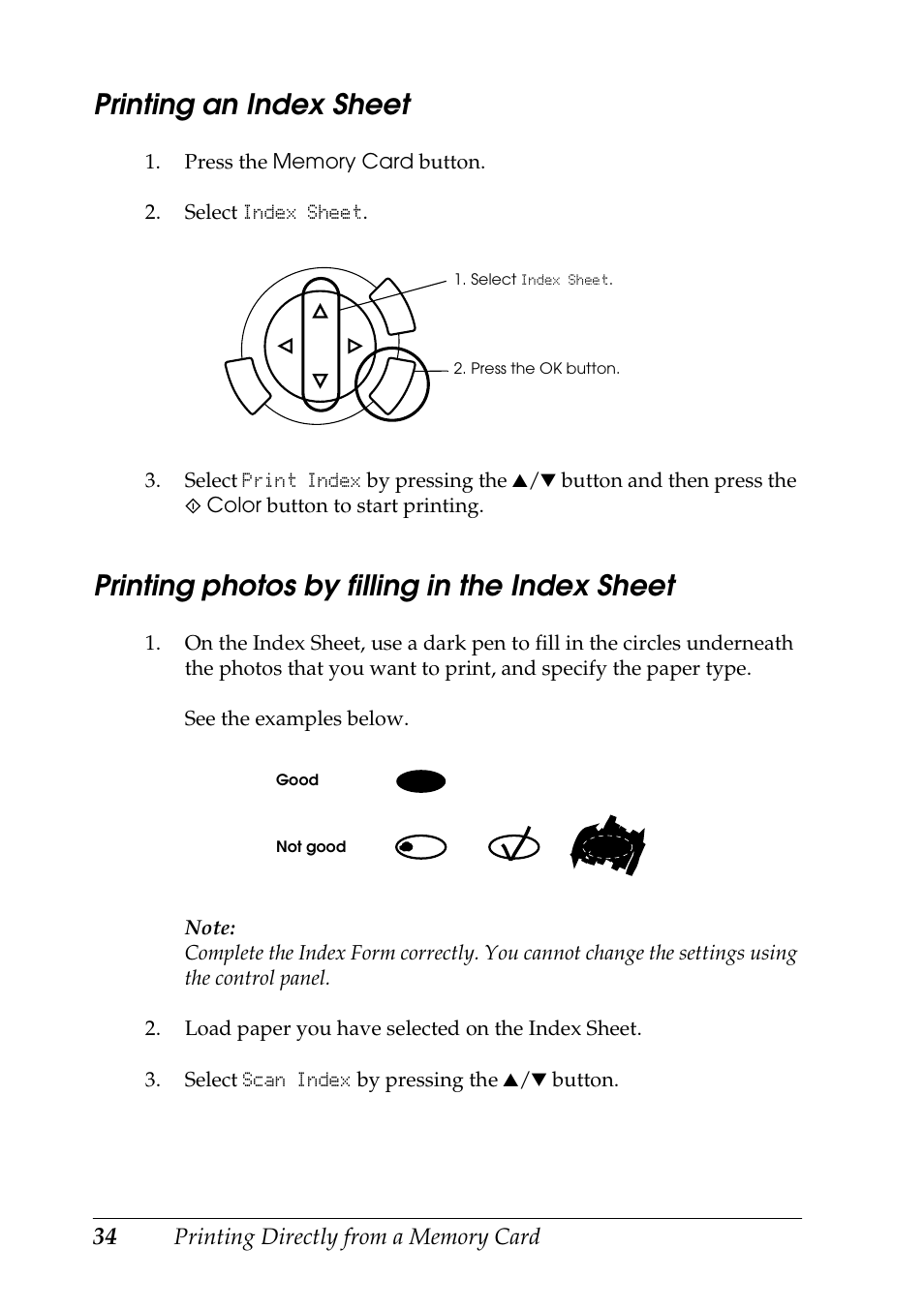 Printing an index sheet, Printing photos by filling in the index sheet | Epson RX600 User Manual | Page 34 / 89