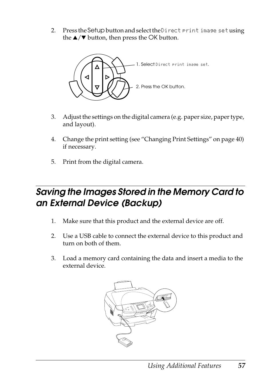 Saving the images stored in the memory card, To an external device (backup) | Epson RX600 User Manual | Page 57 / 89