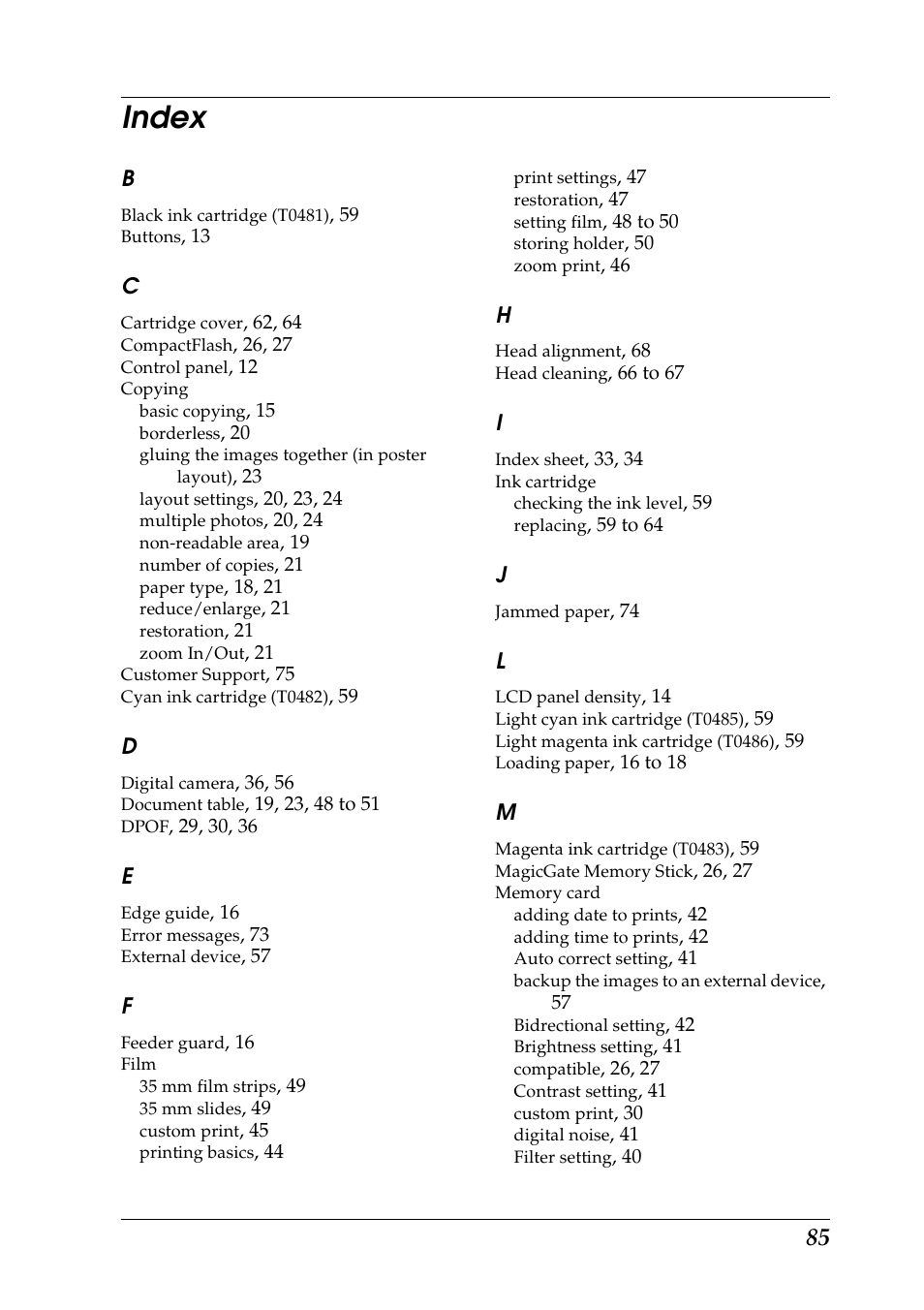 Index | Epson RX600 User Manual | Page 85 / 89