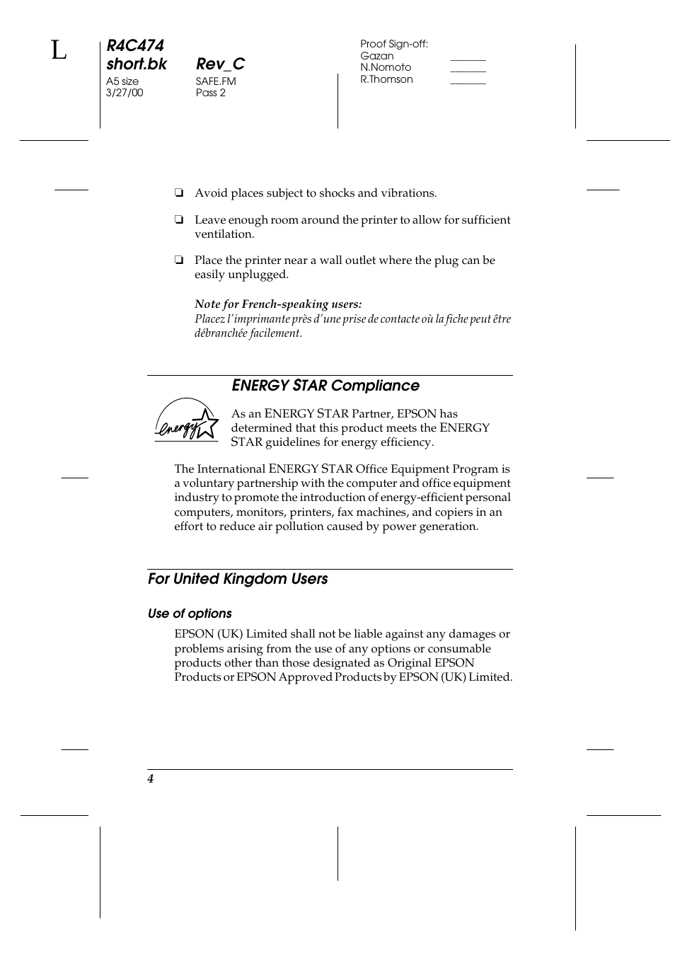 Energy star compliance, For united kingdom users, Use of options | Energy star compliance for united kingdom users, R4c474 short.bk rev_c | Epson XXX-00 User Manual | Page 10 / 78